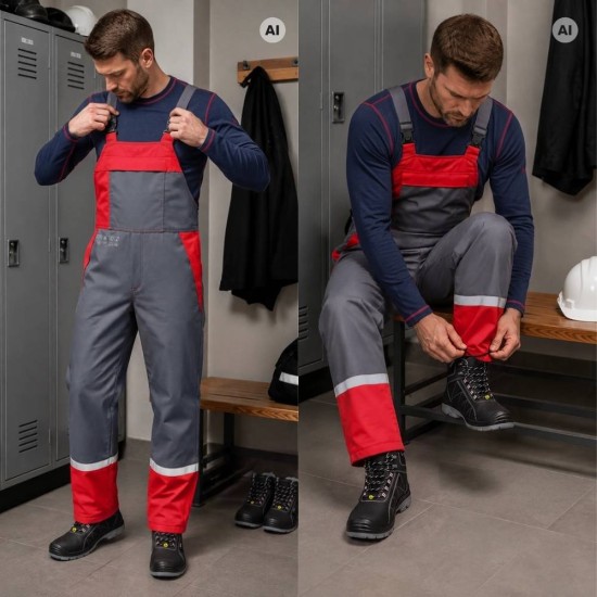 Sara Workwear moške sivo-rdeče zimske zaščitne delovne farmer hlače GROM 5W1 Winter
